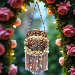 Victorian Purse Ornament Pink Beaded Lace Fringe Vintage Style Christmas v1